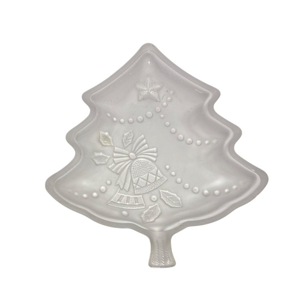 Christmas Tree Shaped Serving Dish Holiday Frosted Glass Bell Design 7.5"